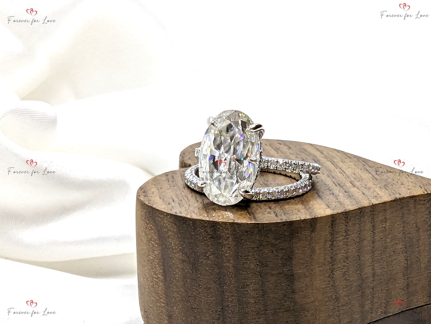 6 Ct Oval Diamond, Moissanite Hidden Halo Engagement Ring Oval cut Moissanite Brilliant Cut engagement ring in 935 Argentium Silver — custom handcrafted by Forever For Love