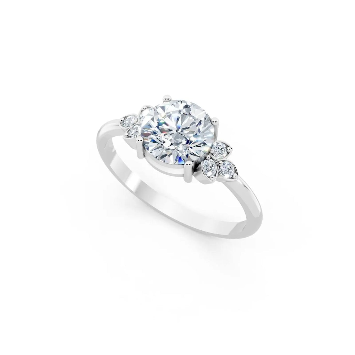 Floral Round Diamond Engagement Ring with Leaf Accents - Round