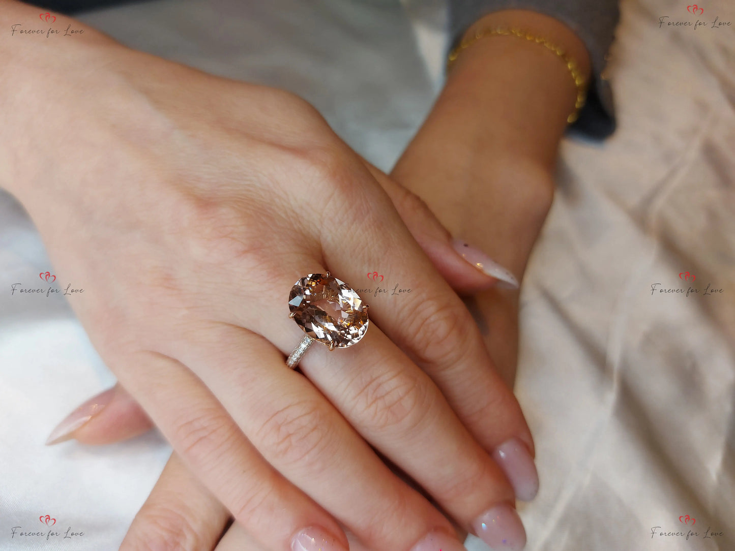 Bague halo caché en morganite en or rose Oval cut Moissanite engagement ring in Gold or Platinum — custom handcrafted by Forever For Love