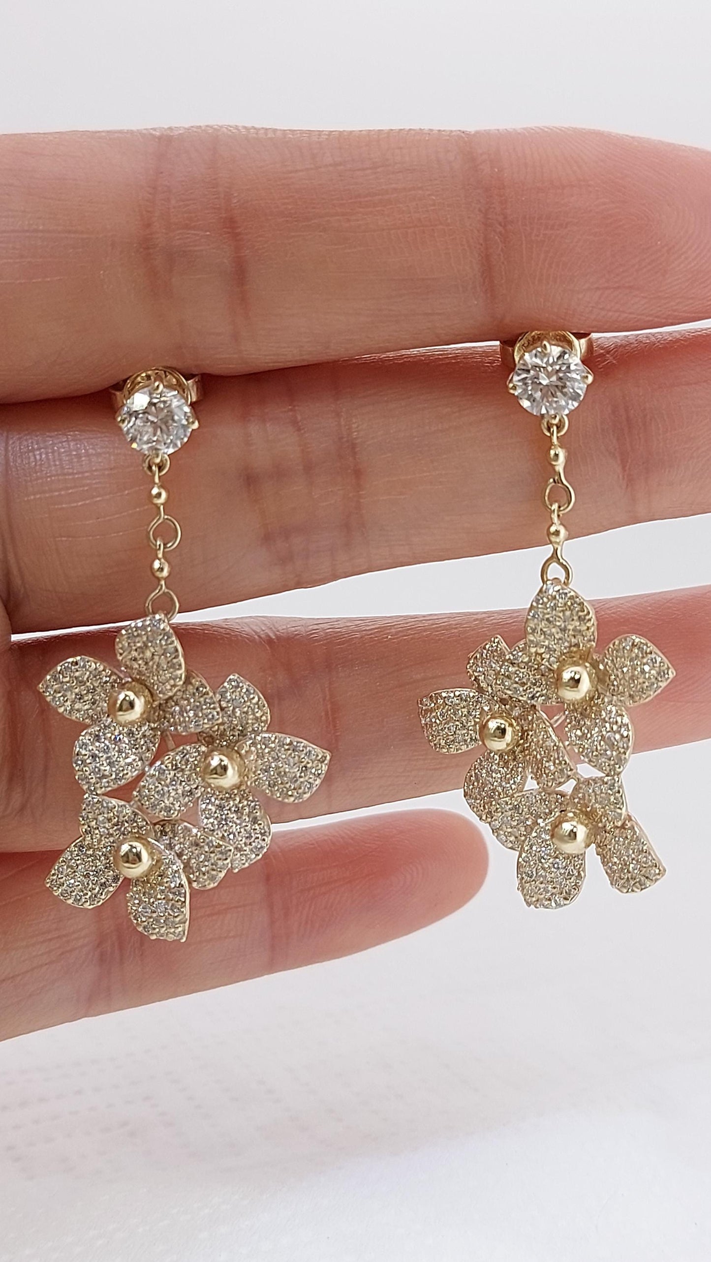 14k Gold Flower Drop, Solid Dangling Gold Earring with Flower Charms, Bubble Flower Earring Charm, Flower Earrings, Dangling diamond Moissanite engagement ring in Gold or Platinum — custom handcrafted by Forever For Love