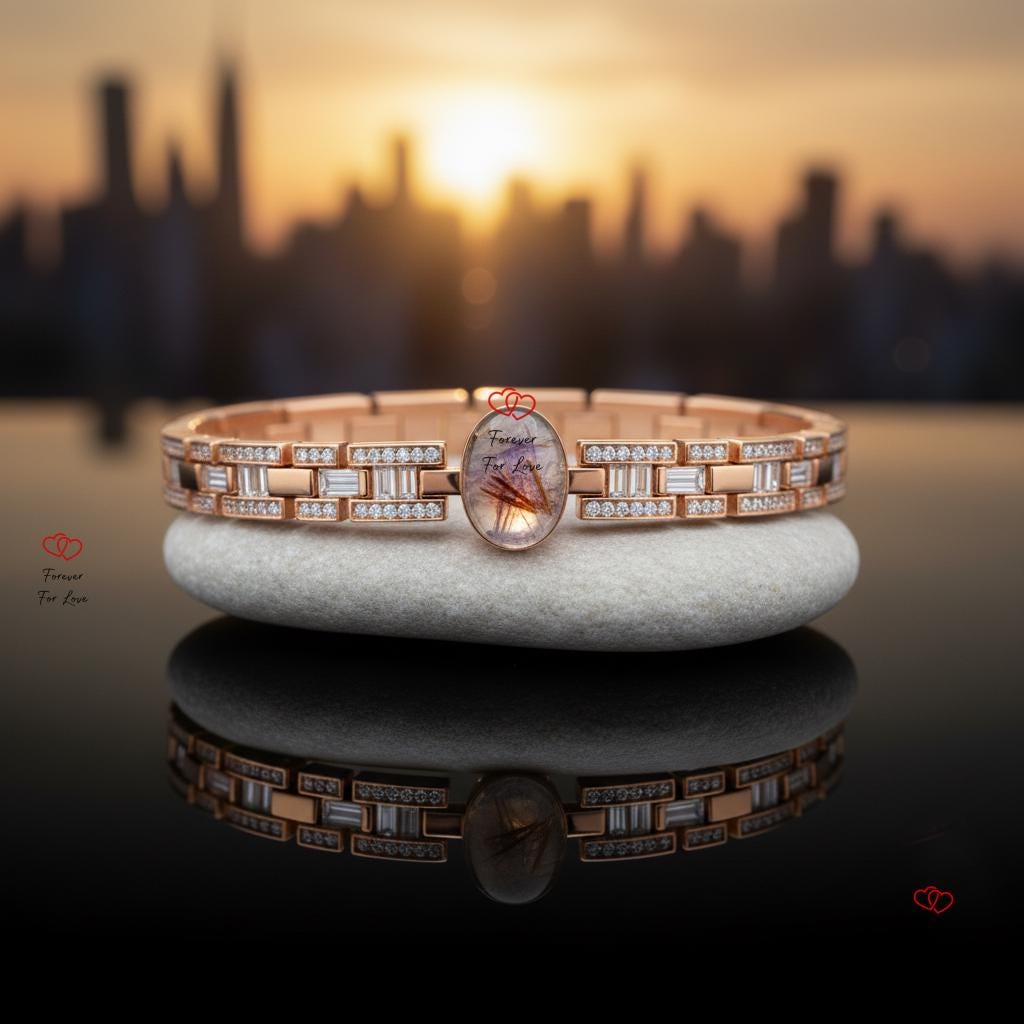 Armband aus goldenem Rutilquarz mit Baguetteschliff-Diamanten, Armband aus massivem Gelbgold, Engelshaarquarz, Jubiläumsgeschenk, vollständig anpassbar Moissanite engagement ring in Gold or Platinum — custom handcrafted by Forever For Love