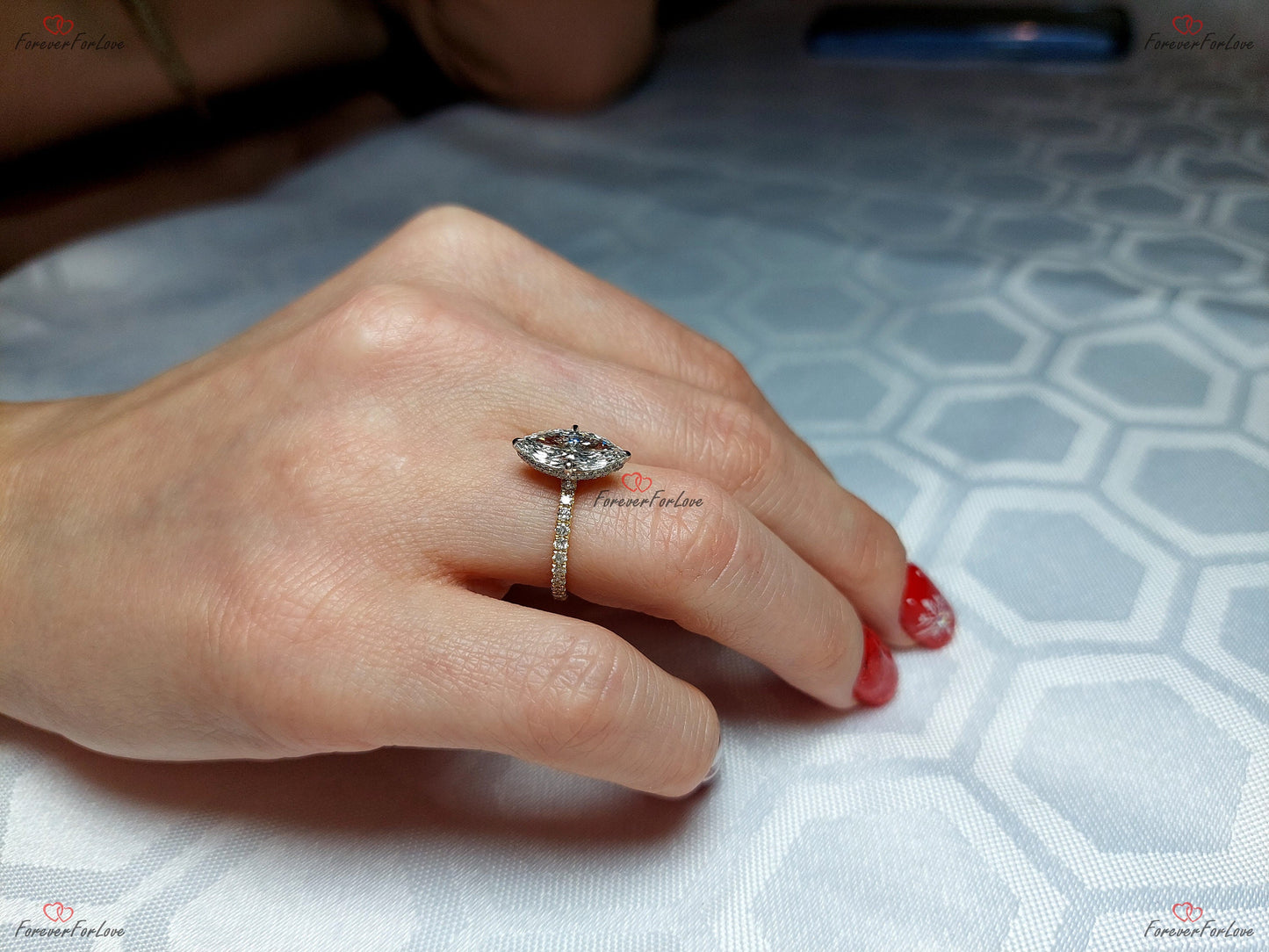 Bague de Fiançailles Diamant de Laboratoire Marquise de 2 Carats Certifié IGI avec Bande Pavée Marquise cut 1Ct Moissanite taille brillant engagement ring in Gold or Platinum — custom handcrafted by Forever For Love