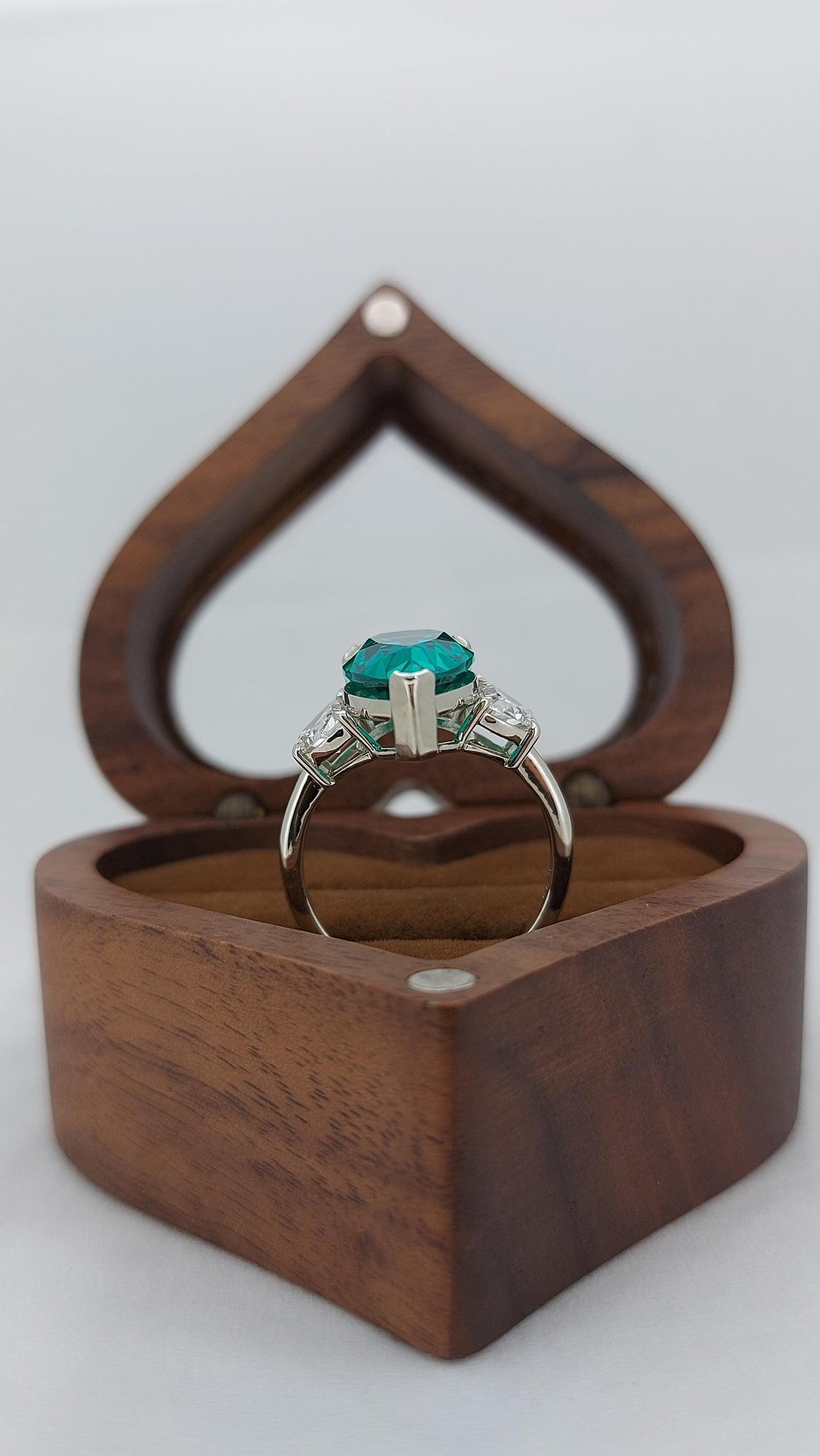 Pear Lab Emerald & Moonstone Three Stone Ring Pear cut 1Ct Natural Emerald engagement ring in 935 Argentium Silver — custom handcrafted by Forever For Love