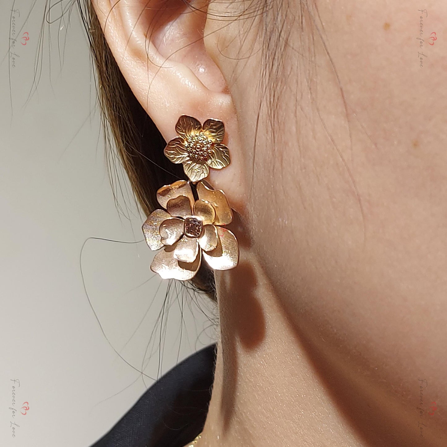 14k Gold Flower Drop, Solid Dangling Gold Earring with Flower Charms, Bubble Flower Earring Charm, Flower Earrings, Dangling diamond Moissanite engagement ring in Gold or Platinum — custom handcrafted by Forever For Love