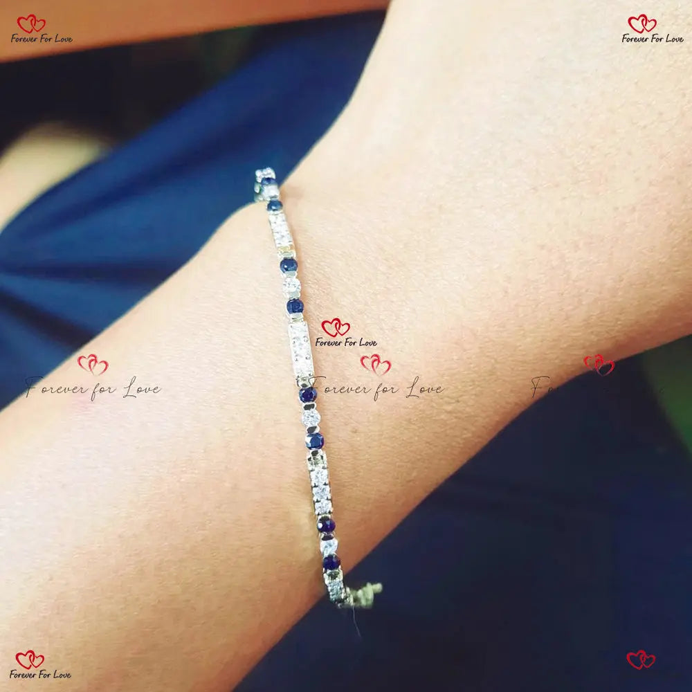 Diamond Tennis Bracelet in Gold - 2MM Round Diamonds and Sapphires Handmade 3 engagement ring in 5 inches — custom handcrafted by Forever For Love