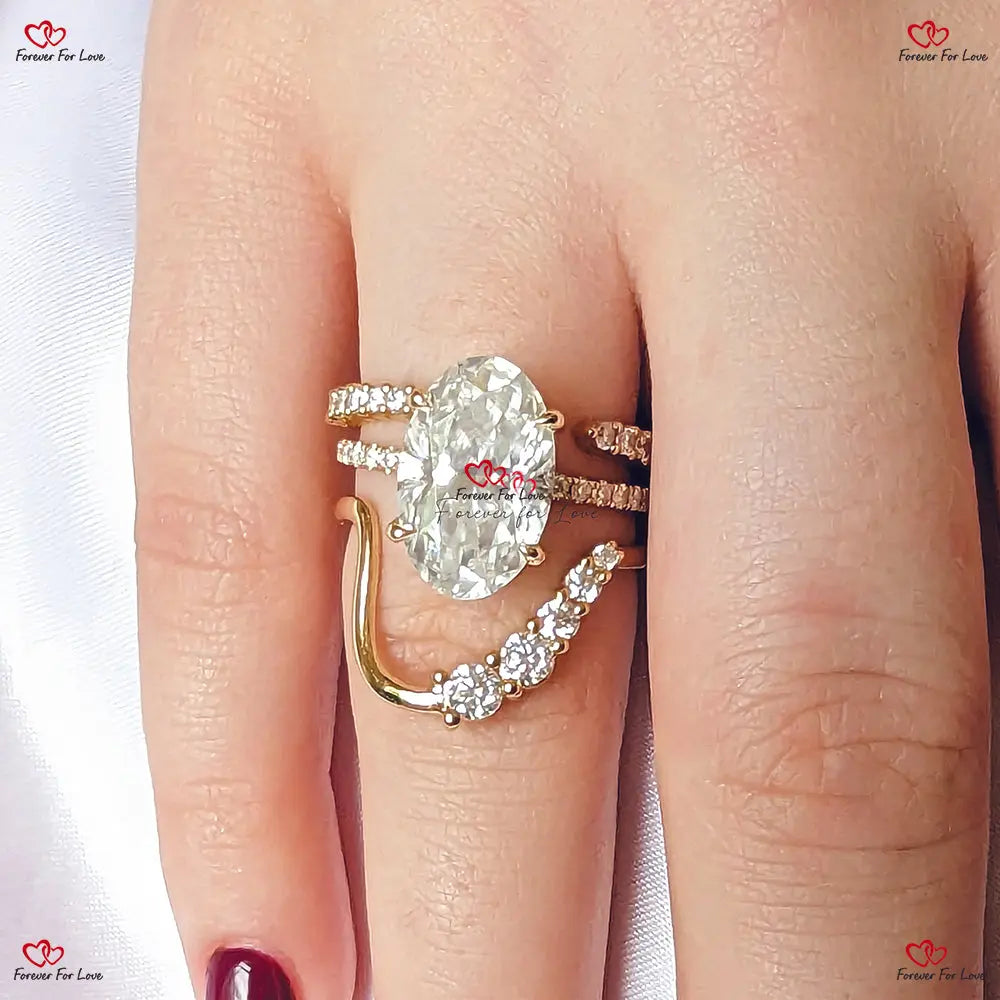Vintage Oval Certified Moissanite Engagement Ring - Hybrid Crushed Ice Solitaire in Solid Gold with Diamond Wedding Bands Forever For Love