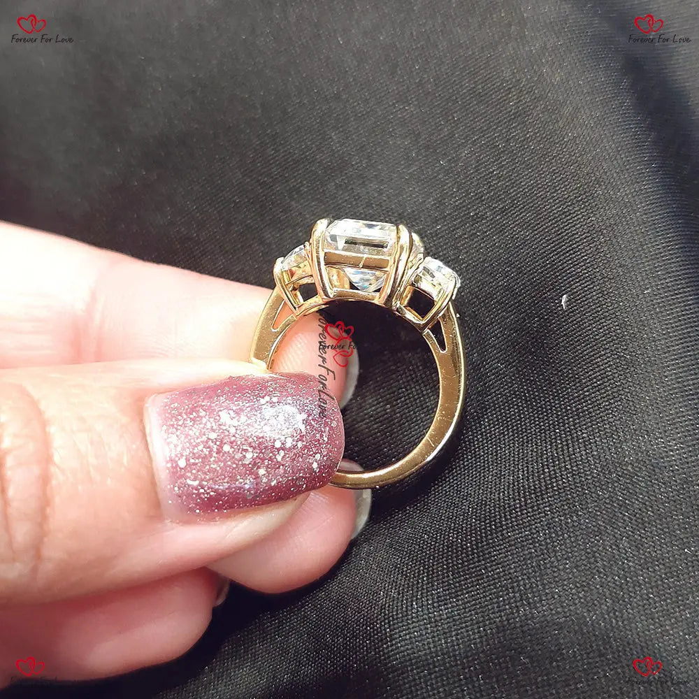 Emerald Cut and Moonstone Moissanite Engagement Ring | Three Stone Wedding Ring | Anniversary Ring | Trilogy Promise Proposal Ring | Forever For Love Forever For Love