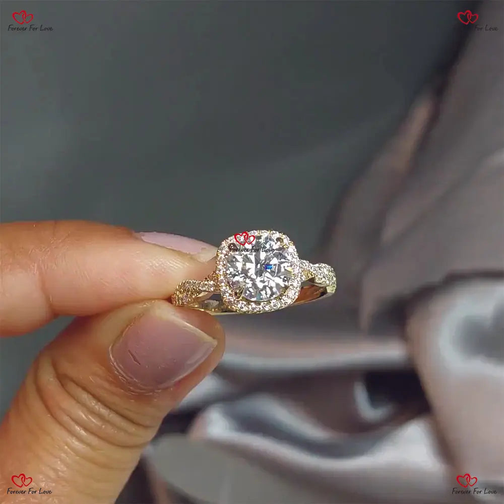 Moissanite Engagement Ring Round Halo Design White Gold Forever For Love