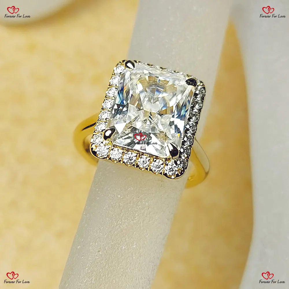 Unique Radiant Cut Moissanite Engagement Ring - Forever Moissanite Ring with Halo Diamond Forever For Love