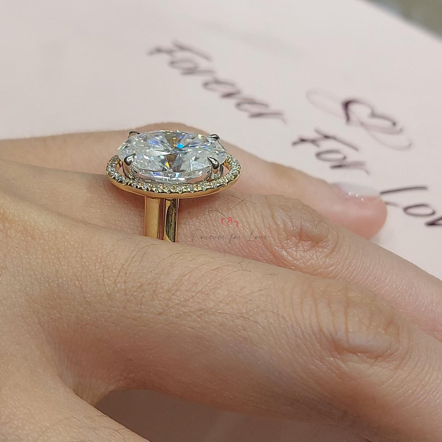 14K Yellow Gold Oval Moissanite Halo Wedding Ring, 4.8 Carat Oval cut 1Ct Moissanite Brilliant Cut engagement ring in 935 Argentium Silver — custom handcrafted by Forever For Love