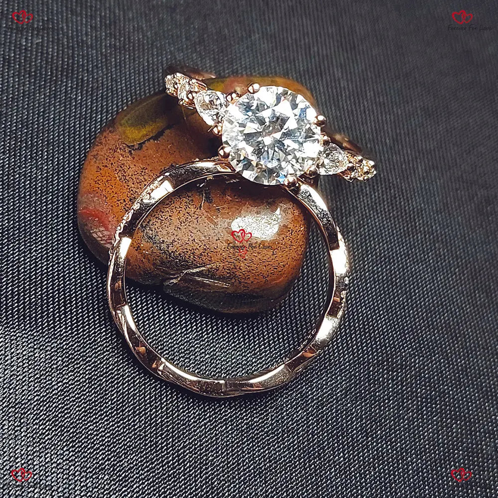 Antique Round Moissanite Engagement Ring Set with Pear Diamond Cluster in Rose Gold Forever For Love