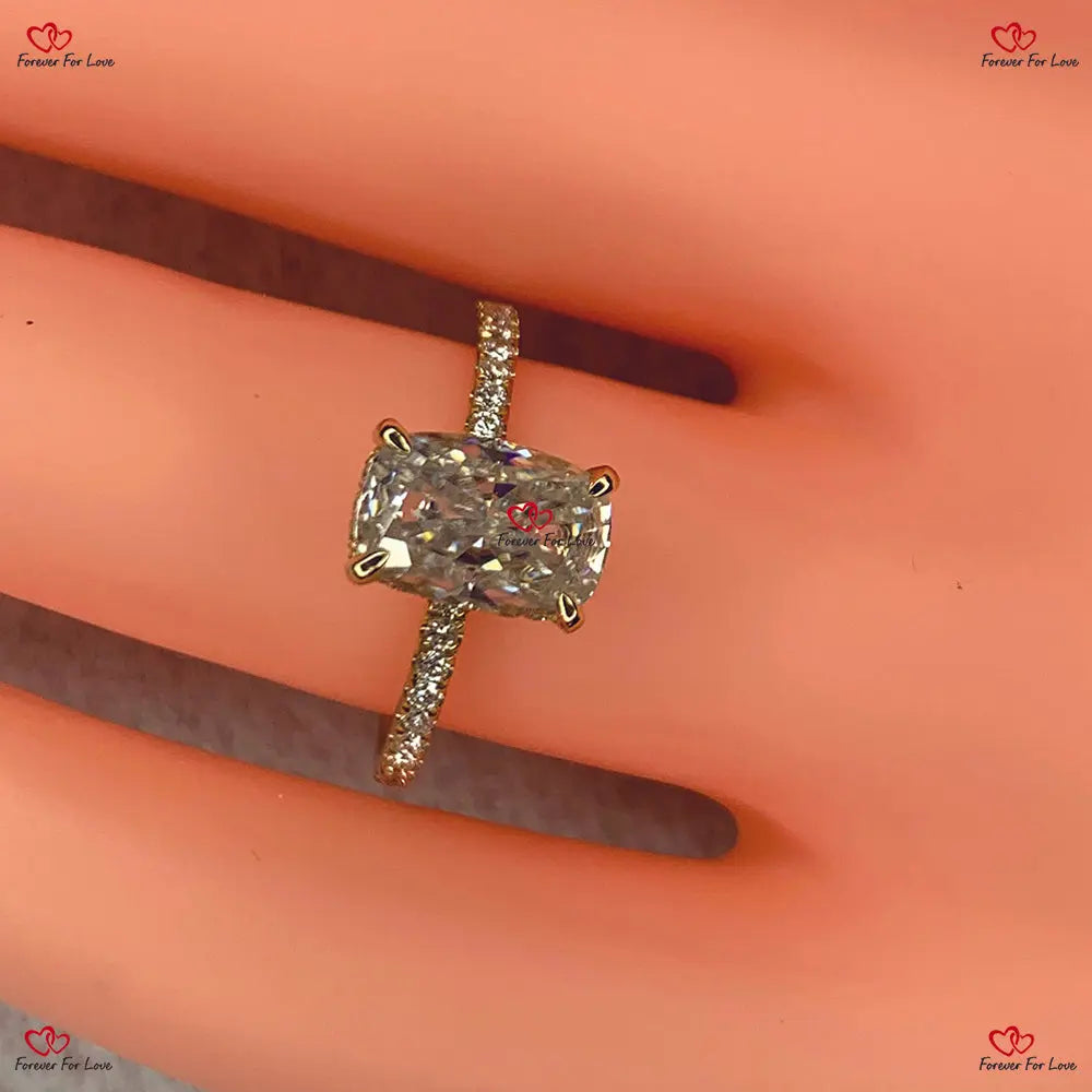 Elongated Crushed Ice Cushion Cut Moissanite Engagement Ring in Solid Gold Forever For Love
