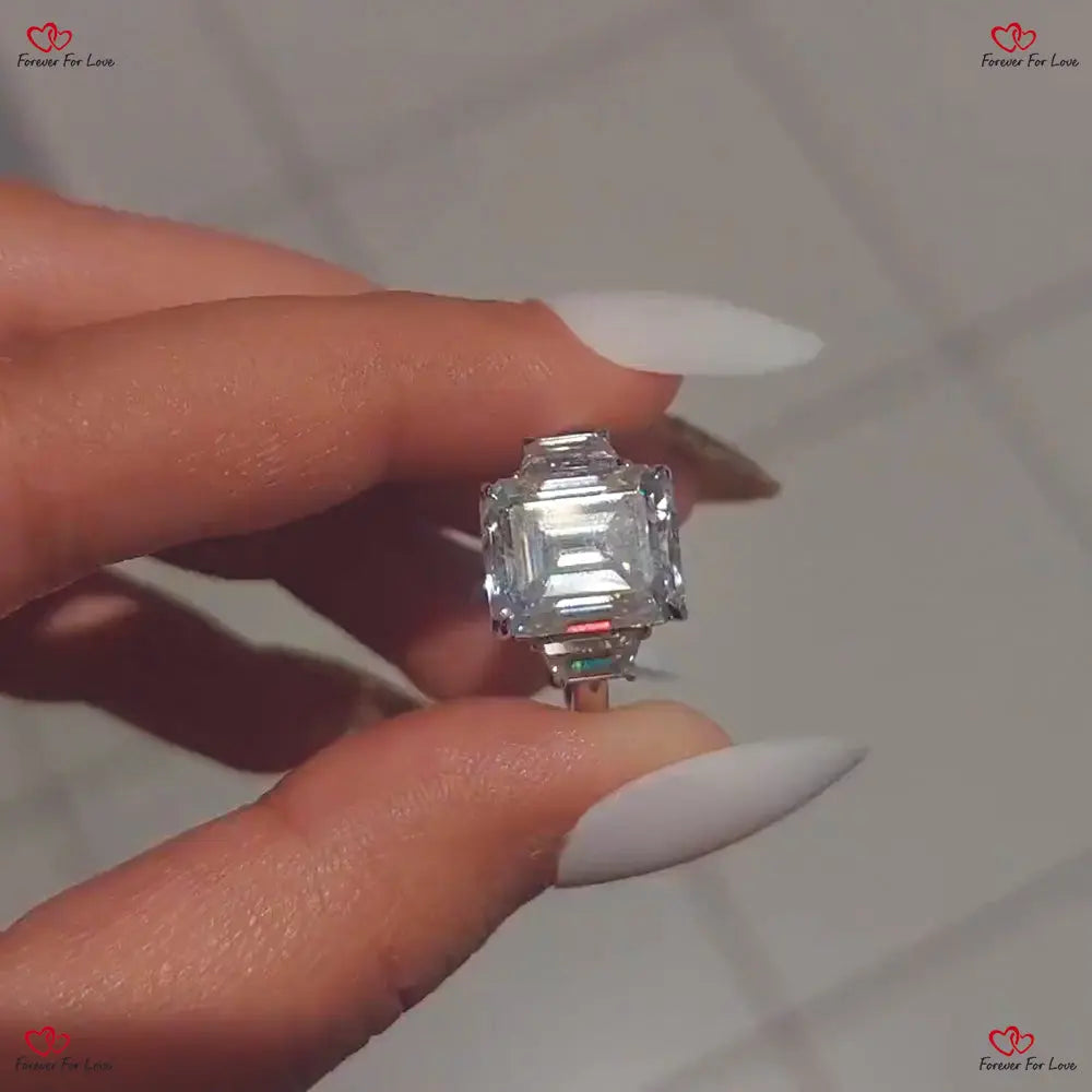 Emerald Cut and Trapezoid Cut Diamond Engagement Ring - Three Stone Wedding Ring Anniversary Trilogy Ring Forever For Love