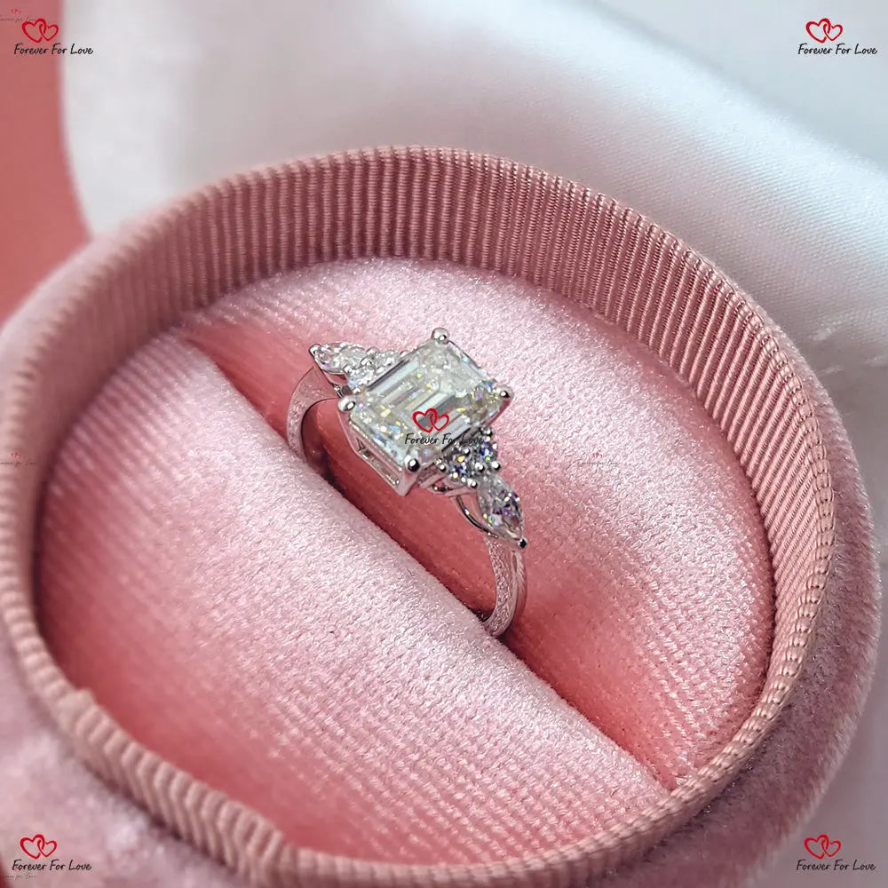 Vintage Emerald Cut Moissanite Engagement Ring - Unique Cluster Gold Engagement Ring with Marquise Diamonds Art Deco Bridal Anniversary Ring Forever For Love