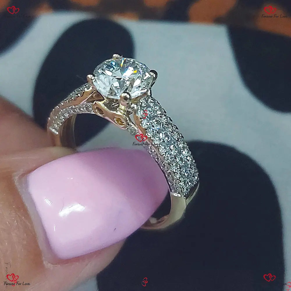 Solitaire Diamond Engagement Ring with Three Row Pave Forever For Love