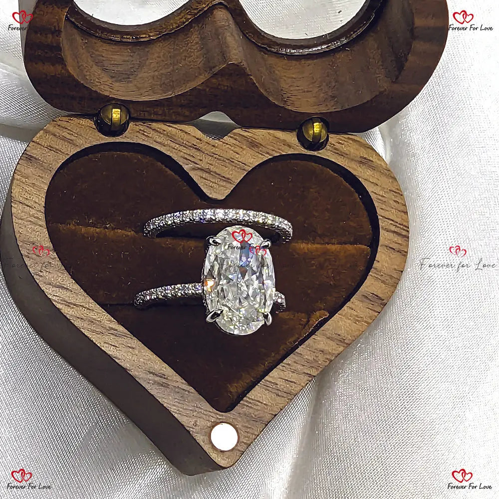 Oval Engagement Ring Set with Hidden Halo Elongated Crushed Ice Diamond Forever For Love