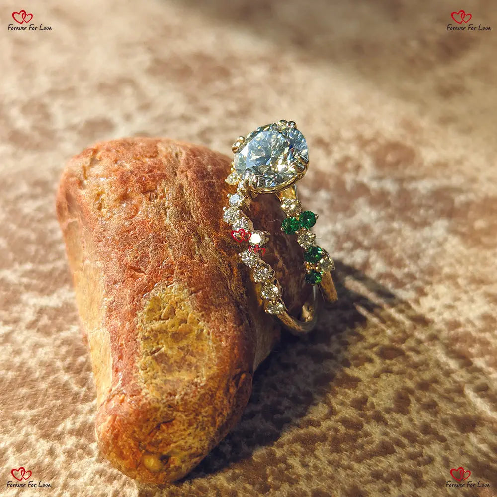 IGI Certified Vintage Lab Created Round Cut Diamond Cluster Ring with Emerald Cut Stones - Bridal Wedding Set Forever For Love