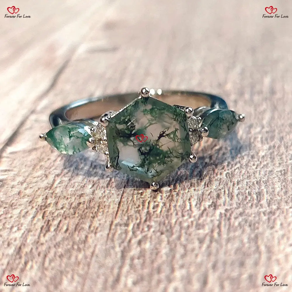 Natural Moss Agate Hexagon Engagement Ring | White Gold Silver or Platinum | Cluster Aquatic Agate Promise Ring with Marquise Moss Agate and Moissanite Marquise cut 2 engagement ring in 935 Argentium Silver — custom handcrafted by Forever For Love