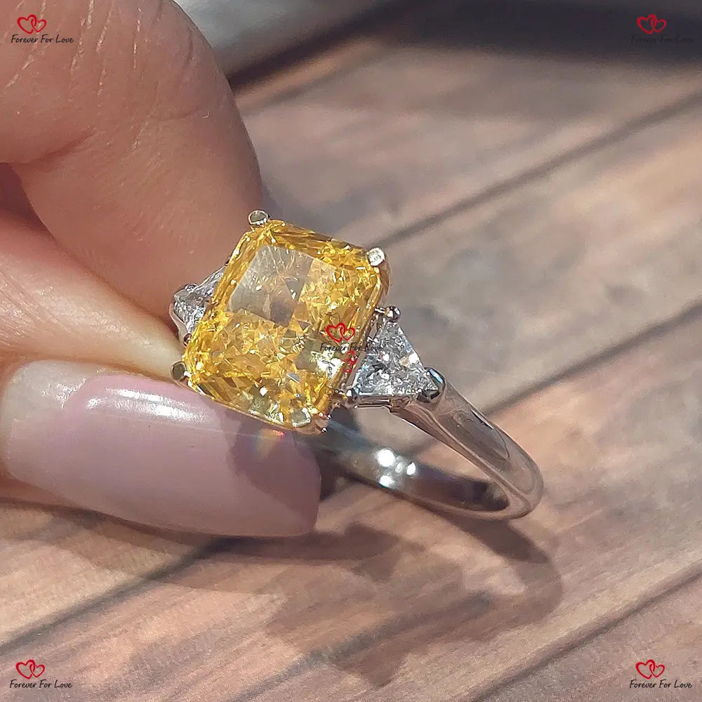4 Carat Fancy Intense Yellow Cushion Cut Lab Grown Diamond Engagement Ring with Trillion Cut Side Diamonds - Solid Gold/Platinum Forever For Love