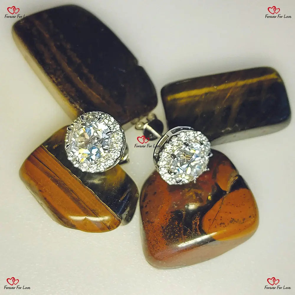 Old Mine Cut Halo Round Screw Back Earring Studs in Solid White Gold Forever For Love