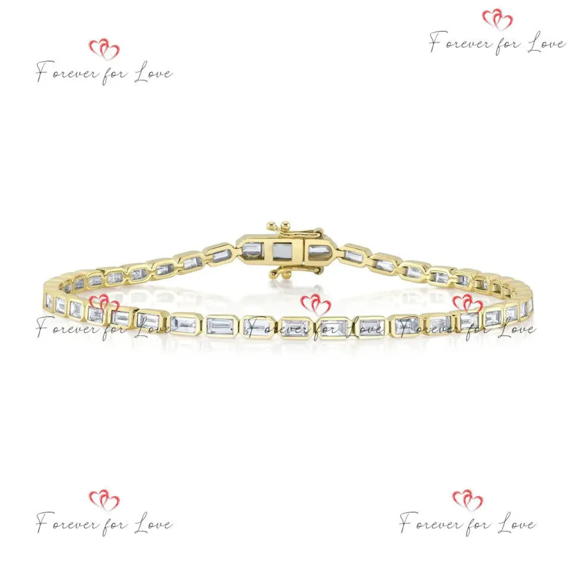 Natural Diamond 14K Solid Gold Baguette Tennis Bracelet Forever For Love