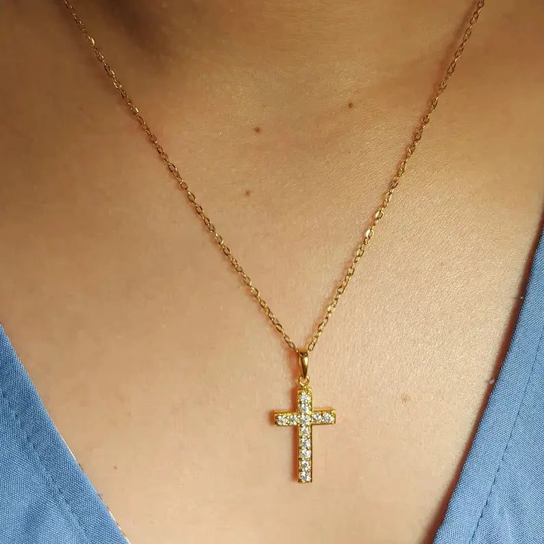 Solid Gold Diamond Cross Necklace for Women Forever For Love
