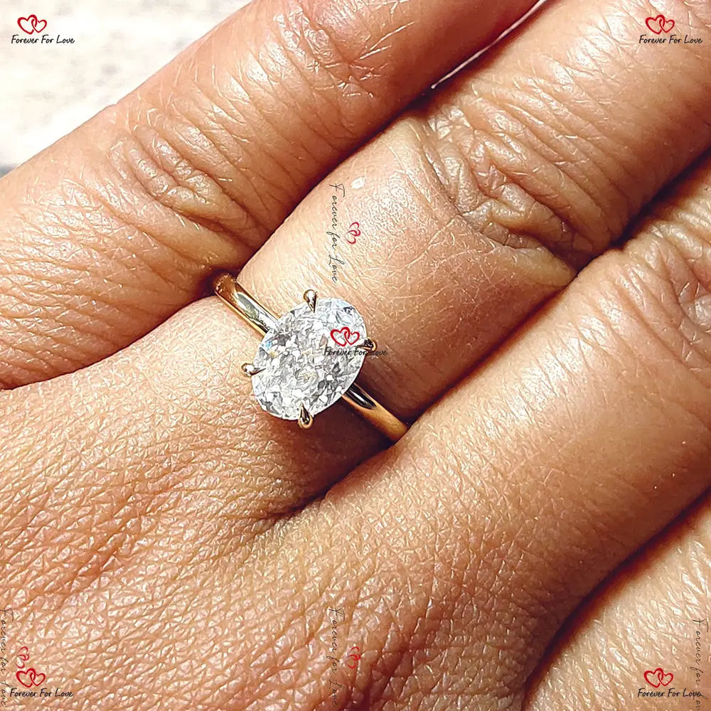 Oval Cut Moissanite Engagement Ring - Crushed Ice Oval with Hidden Halo in Solid Gold Forever For Love