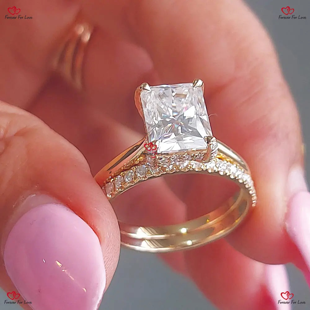 Diamond Wedding Set Radiant Engagement Ring Pave Eternity Band