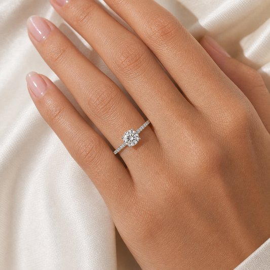 6.5mm round hidden halo engagement ring in Sample Silver with Cubic Zirconia, option 1, on hand