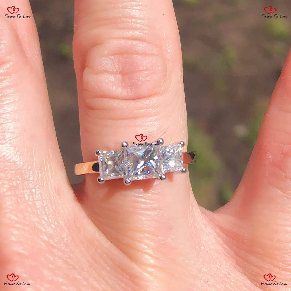 Trilogy Elegance 3 Stone Princess Cut Moissanite Engagement Ring Forever For Love