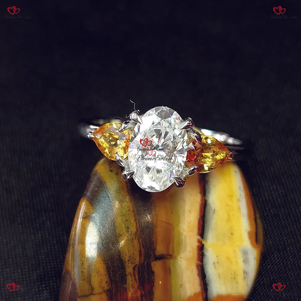 Vintage Engagement Ring | Oval Moissanite & Citrine Pear | Brilliant Cut Oval Antique Trilogy