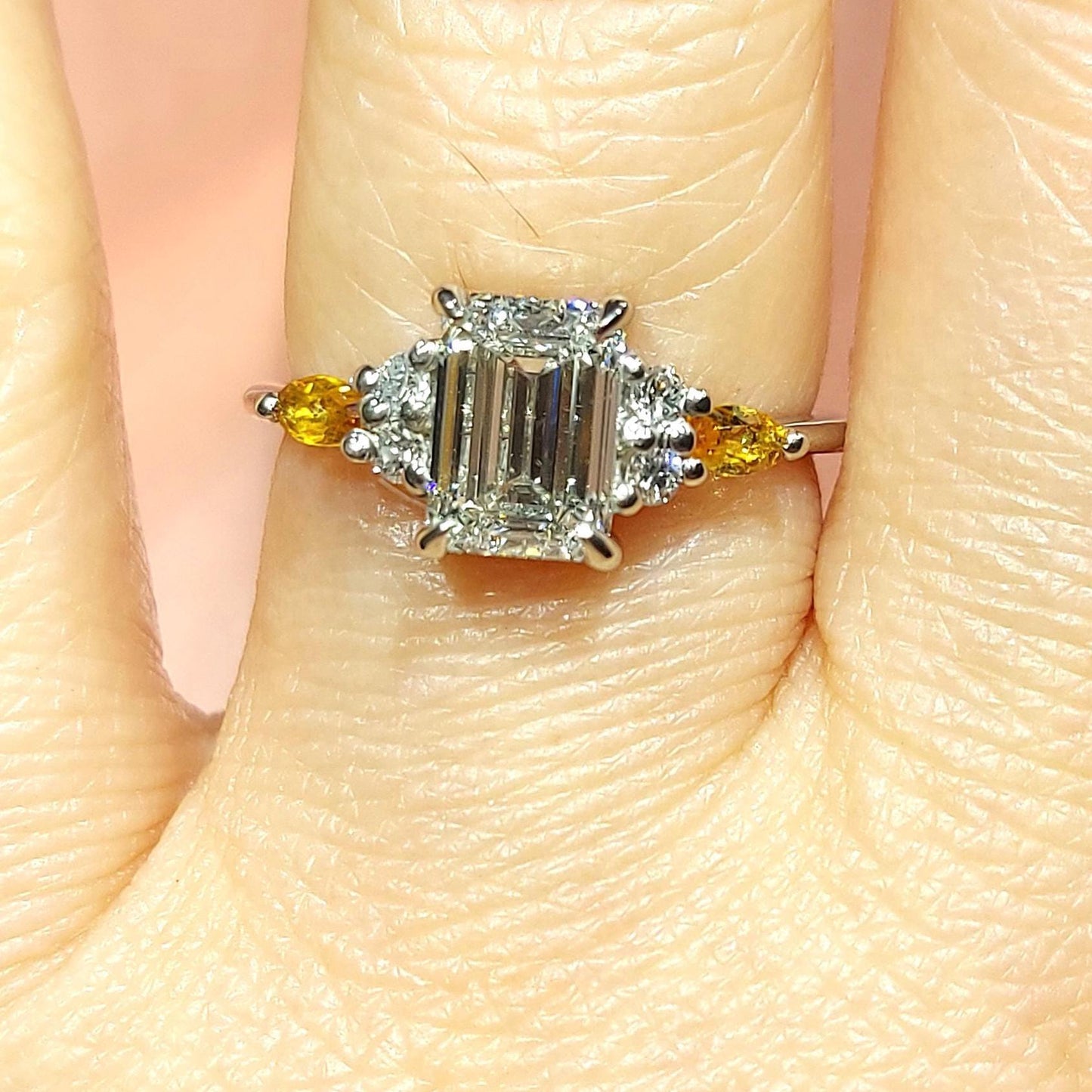 Emerald Diamond Three Stone Engagement Ring Emerald cut Moissanite engagement ring in Gold or Platinum — custom handcrafted by Forever For Love