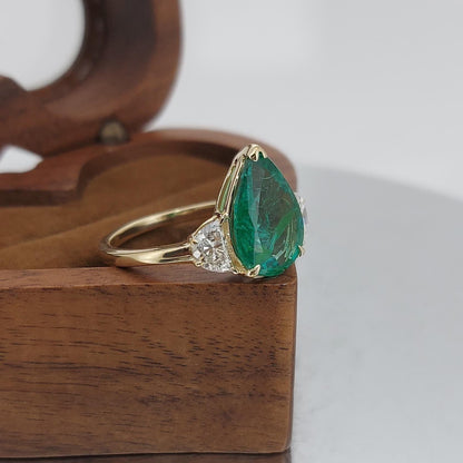 Pear Diamond, Emerald, Moonstone Engagement Ring
