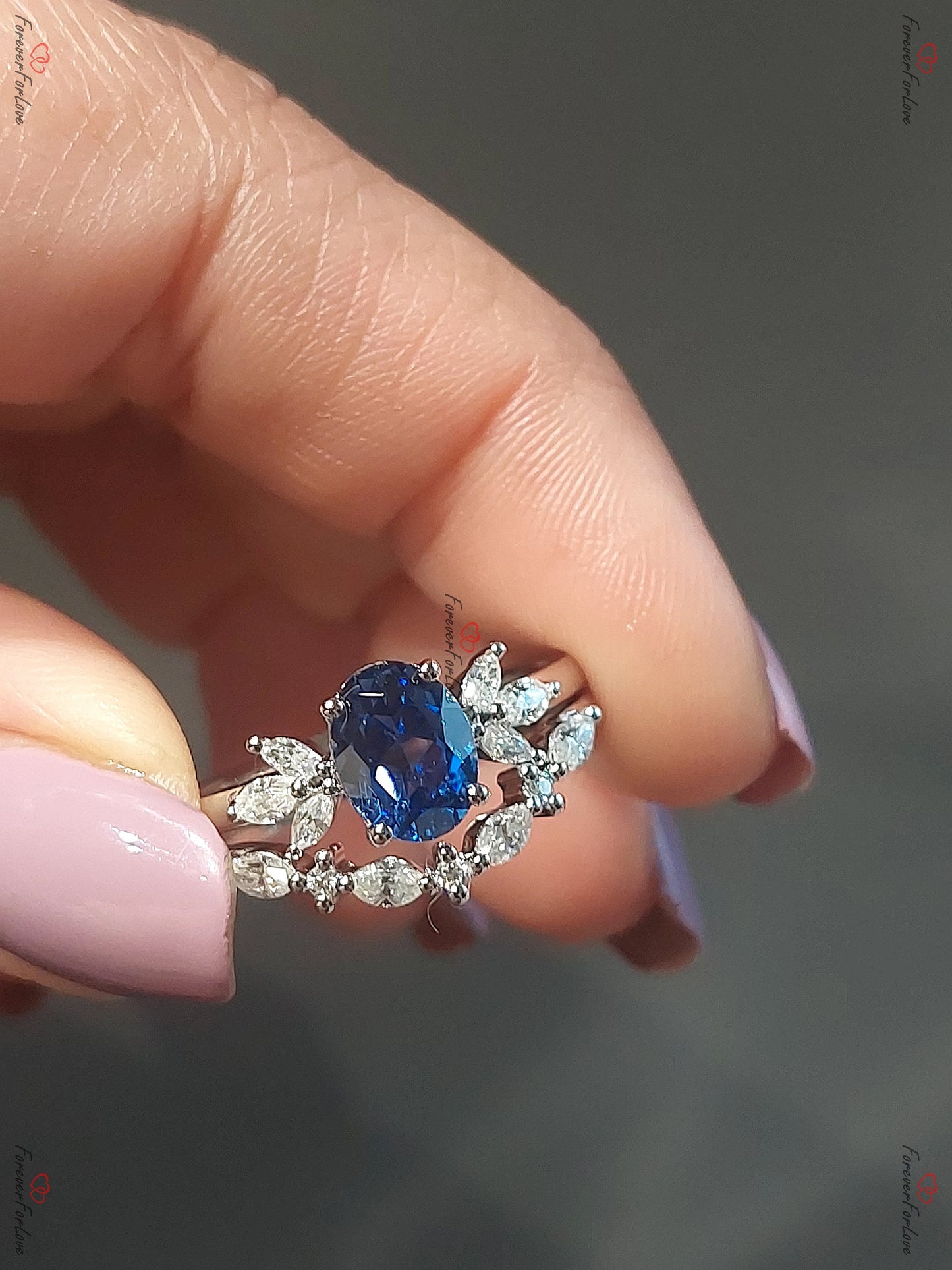 1.5 Ct Marquise Blue Sapphire Art Deco Bridal Set Marquise cut Natural Sapphire engagement ring in 935 Argentium Silver — custom handcrafted by Forever For Love