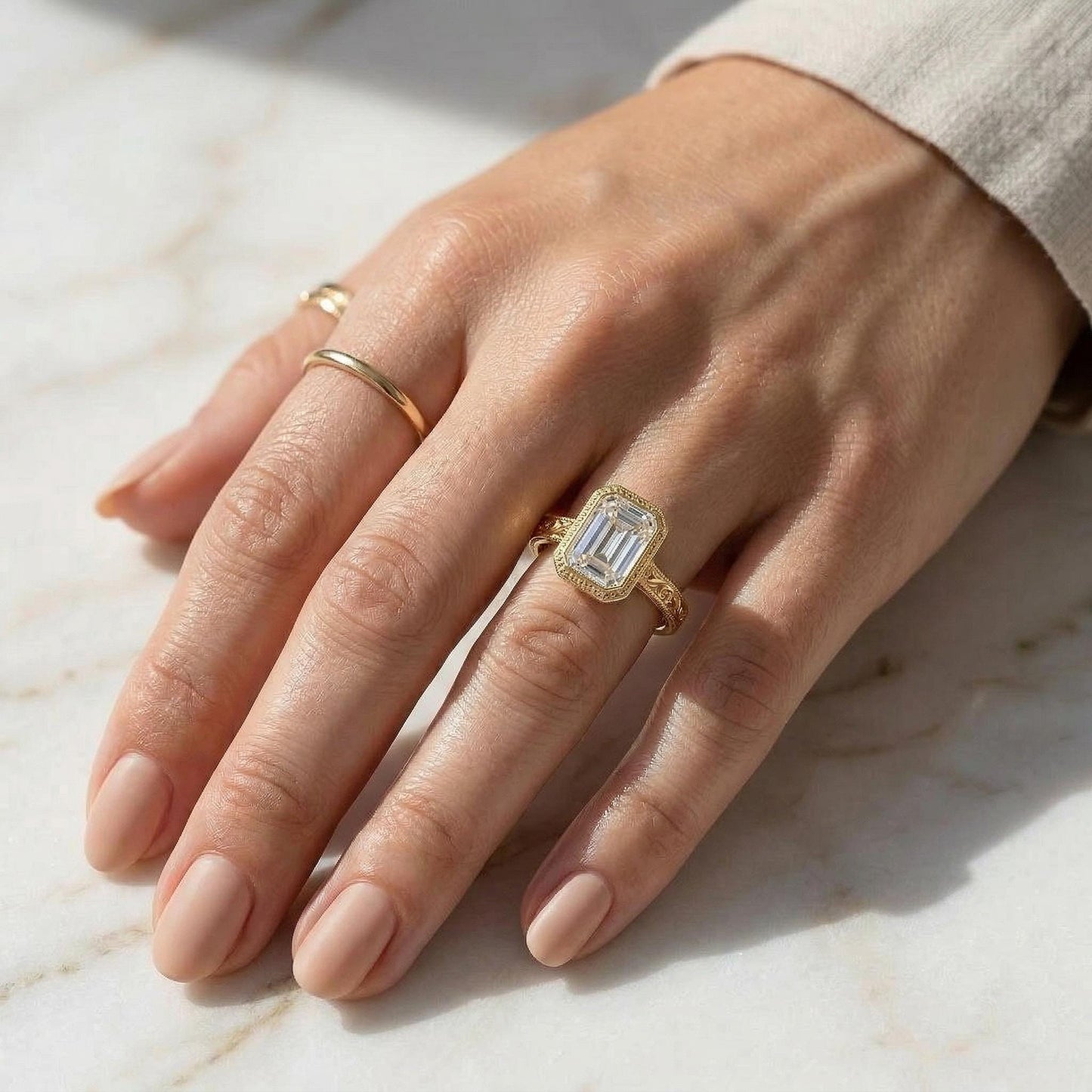 IGI Certified Emerald Lab Diamond Band Emerald cut 1Ct Moissanite Brilliant Cut engagement ring in 935 Argentium Silver — custom handcrafted by Forever For Love