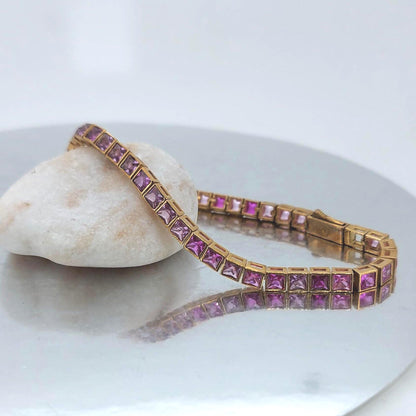 Tennisarmband mit Prinzessinnenschliff, rosa Diamant, massives Gold, babyrosa Armband, 14k oder 18k, farbiges Eternity-Design, Krappenfassung, Muttertagsgeschenk