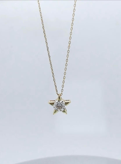 Sternförmige runde Diamantkette, 14 Karat Gelbgold, zierlicher minimalistischer Diamantanhänger, sternförmige Damenhalskette, perfektes Halsketten-Geschenk.