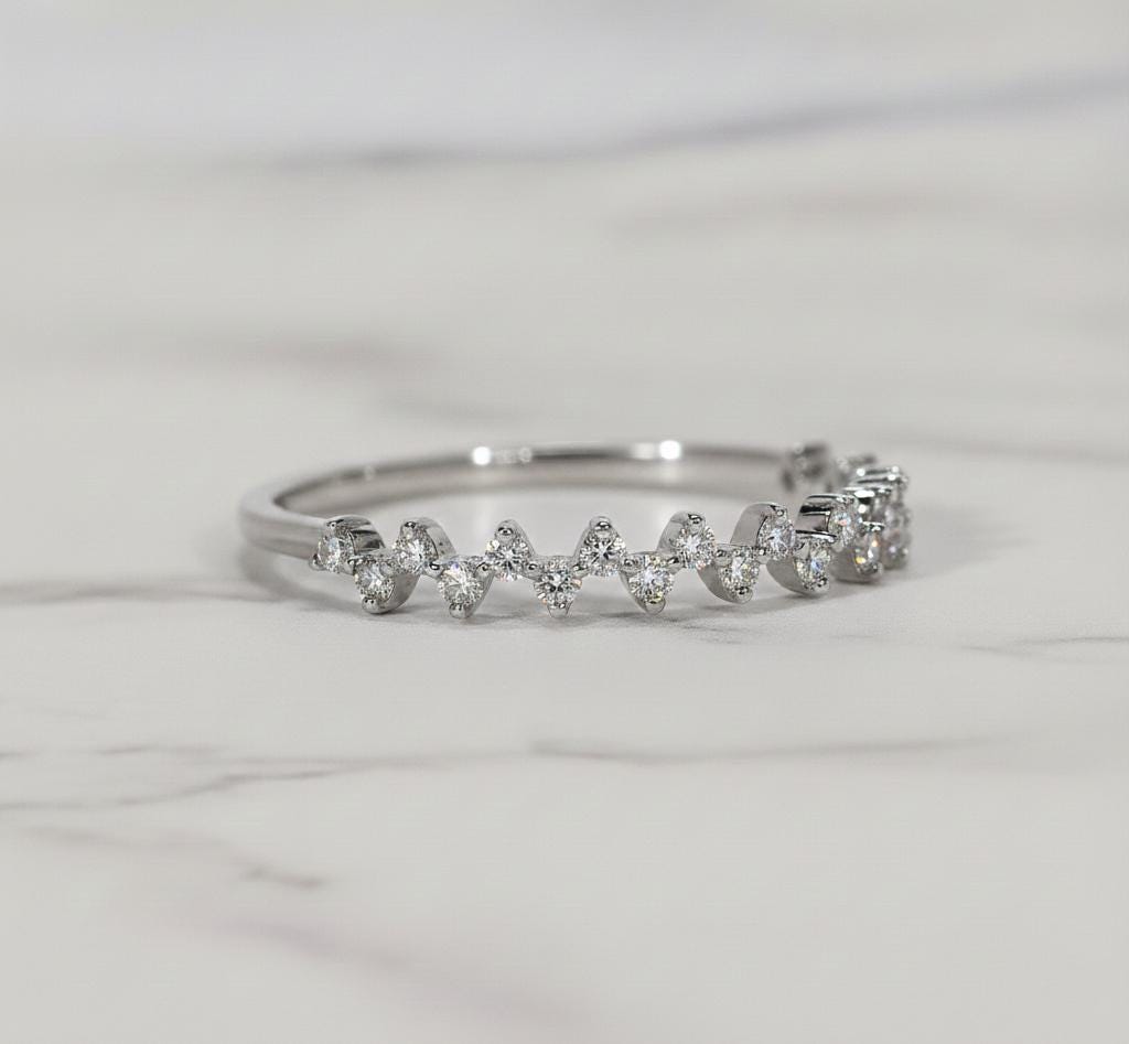 Diamond Wedding Band, Round Diamond Stacking Ring, Zig Zag Diamond Ring for Her Dimond Half Eternity, Anniversary Band, Stackable Ring