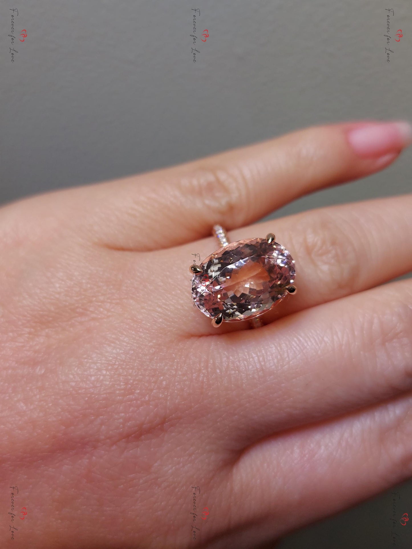 8 Ct Oval Diamond, Morganite Halo Engagement Ring Oval cut Moissanite engagement ring in Gold or Platinum — custom handcrafted by Forever For Love