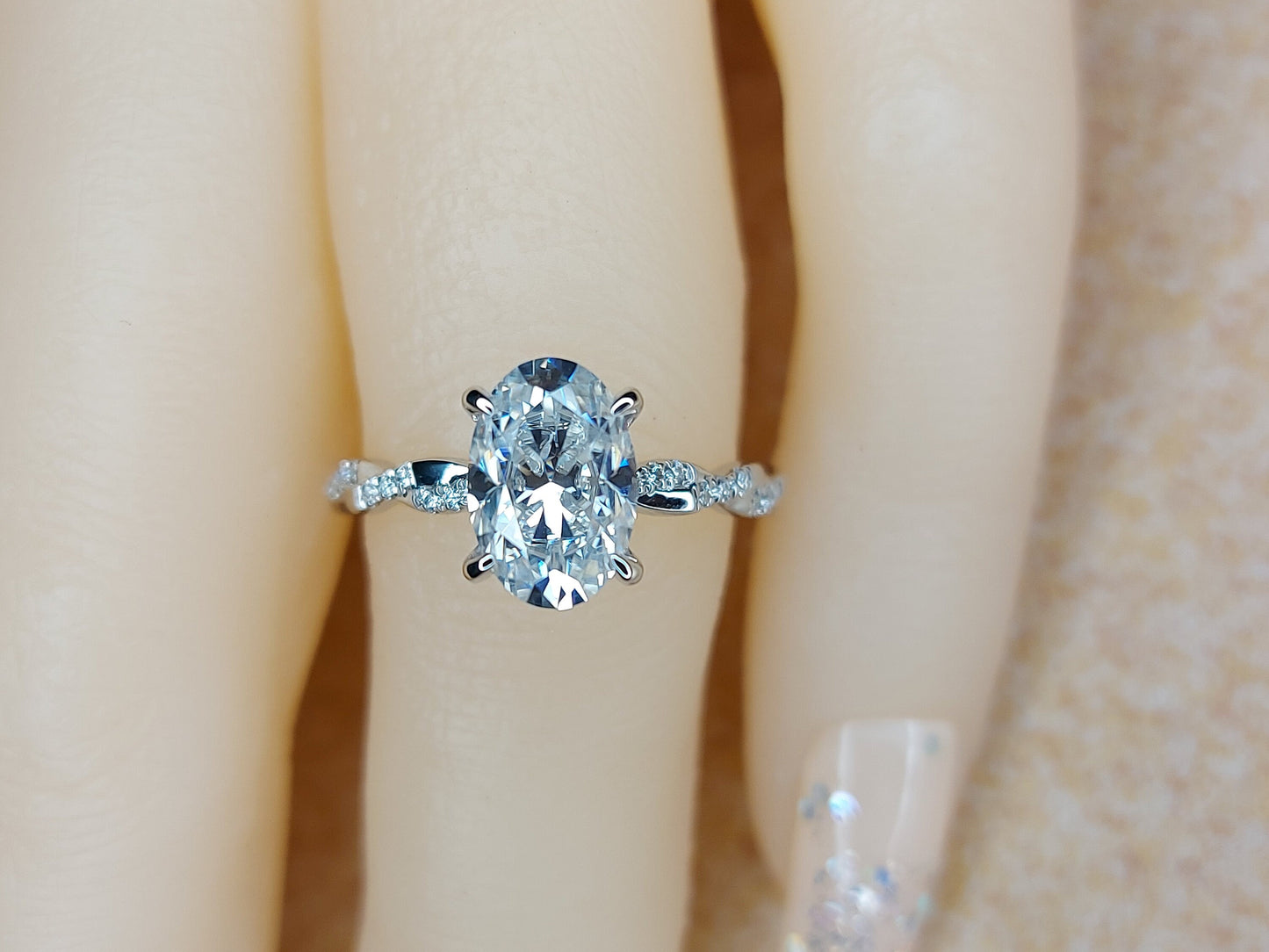 2 Ct Oval Moissanite Twisted Band Engagement Ring Oval cut 1Ct Moissanite Brilliant Cut engagement ring in 935 Argentium Silver — custom handcrafted by Forever For Love