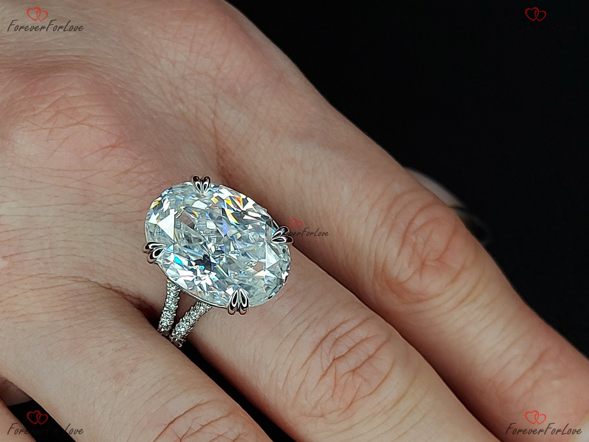 20 Ct Oval Diamond, Moissanite Hidden Halo Engagement Ring