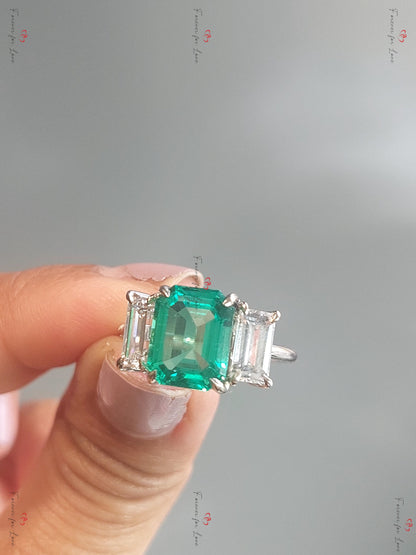 Emerald and moissanite engagement wedding set handmade in white/rose/yellow gold or platinum Emerald bridal ring set Emerald Proposal Ring