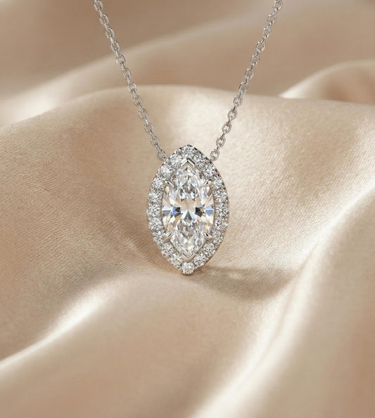 2.15 Carat IGI CERTIFIED F/VS1 Marquise Cut Lab Grown Diamond Halo Pendant with Chain, Marquise Diamond Halo Necklace 14k White Gold Chain