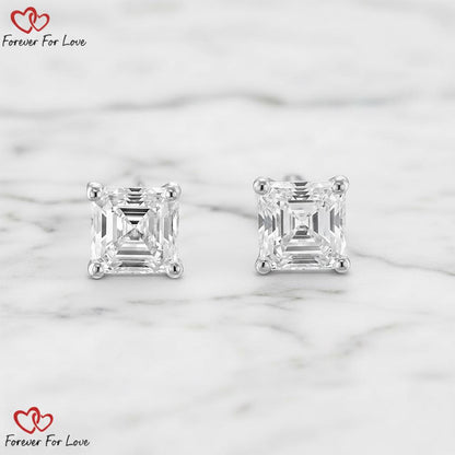 Boucles d'oreilles clous en diamants de laboratoire taille Asscher, poids total 3 carats, couleur E, pureté VVS2, en or blanc 14k avec fermoirs poussoirs, cadeau parfaitement assorti