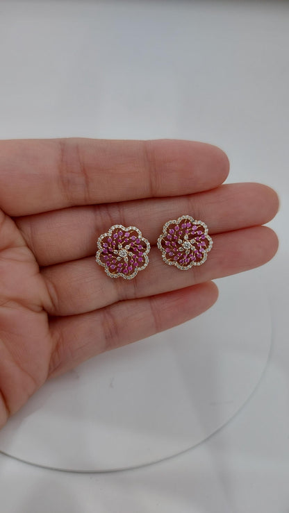 Pink sapphire and diamond stud earrings for mom, mothers day gift. Nature inspired gift for mom. One of a kind earring