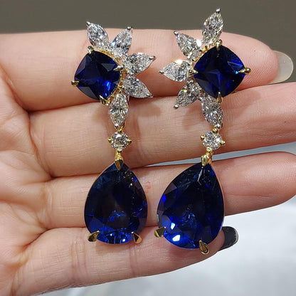 Boucles d'oreilles saphir et diamant, boucles d'oreilles saphir bleu en or 14 carats, clous d'oreilles saphir en forme de goutte avec diamants de laboratoire, boucles d'oreilles pierre de naissance de septembre