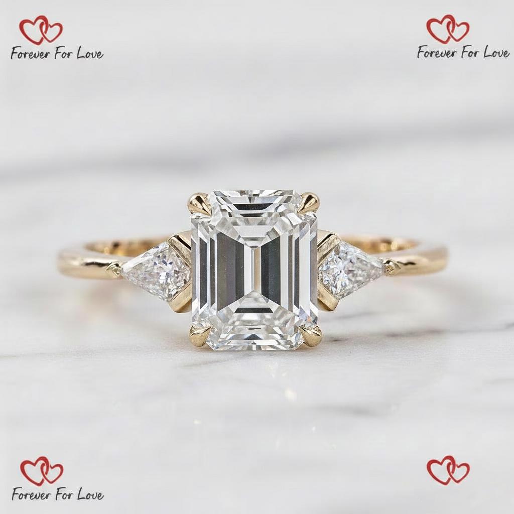 Bague de Fiançailles Diamant de Laboratoire Émeraude Certifié IGI 3.2 Ct avec Accents Cerf-Volant Emerald cut 1Ct Moissanite taille brillant engagement ring in Gold or Platinum — custom handcrafted by Forever For Love