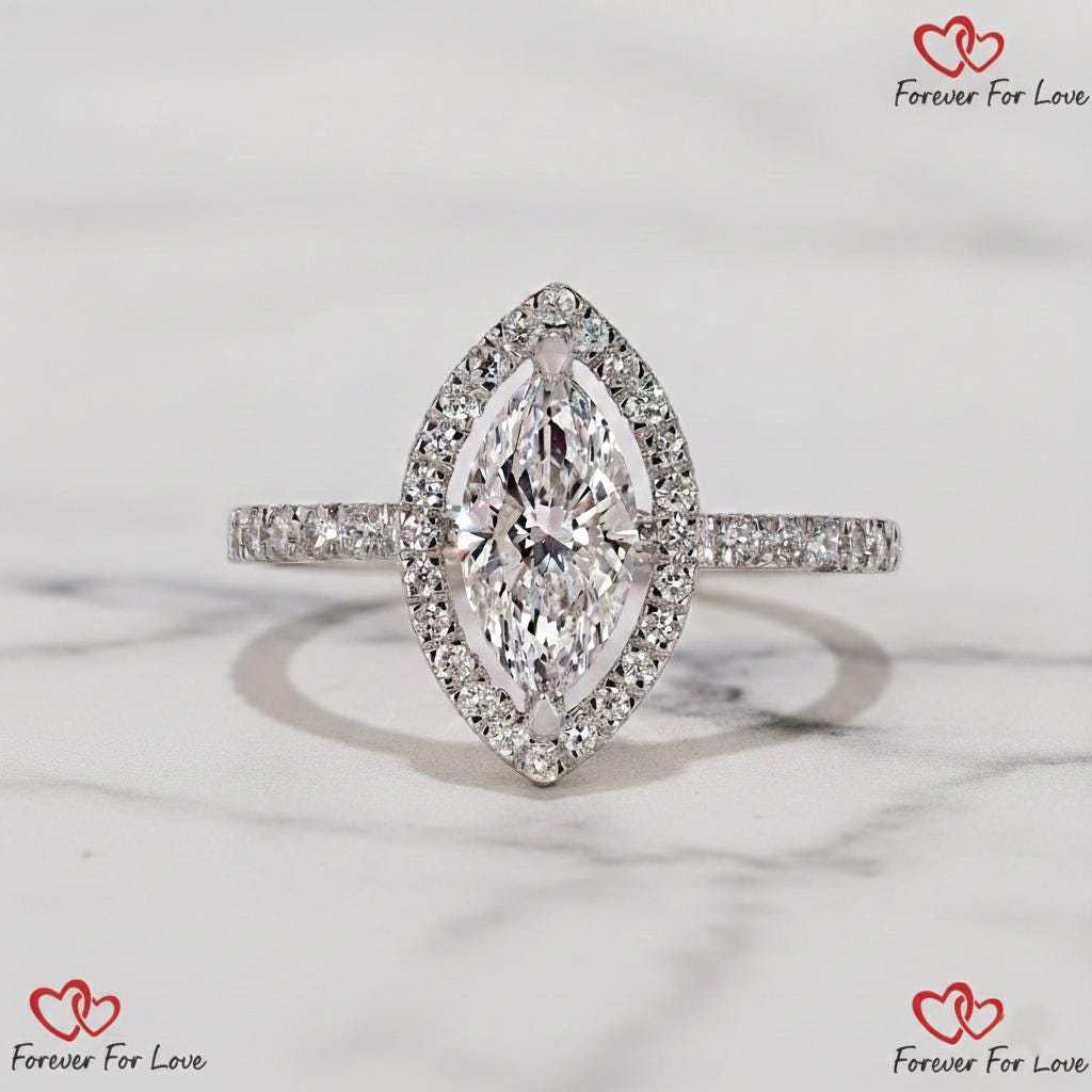 Marquise Lab Diamond Halo Engagement Ring Marquise cut 1Ct Moissanite Brilliant Cut engagement ring in 935 Argentium Silver — custom handcrafted by Forever For Love