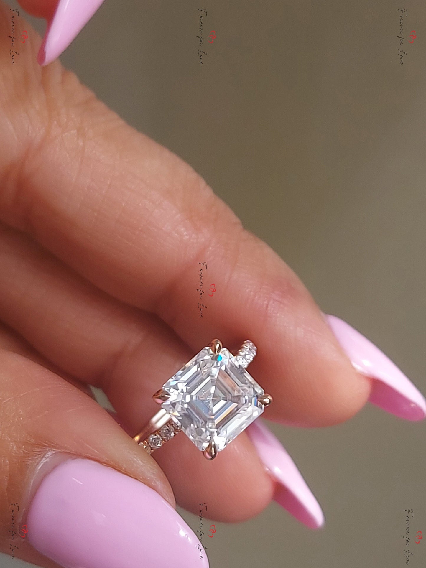 3 Ct Asscher Moissanite Engagement Ring Asscher cut 1Ct Moissanite Brilliant Cut engagement ring in 935 Argentium Silver — custom handcrafted by Forever For Love