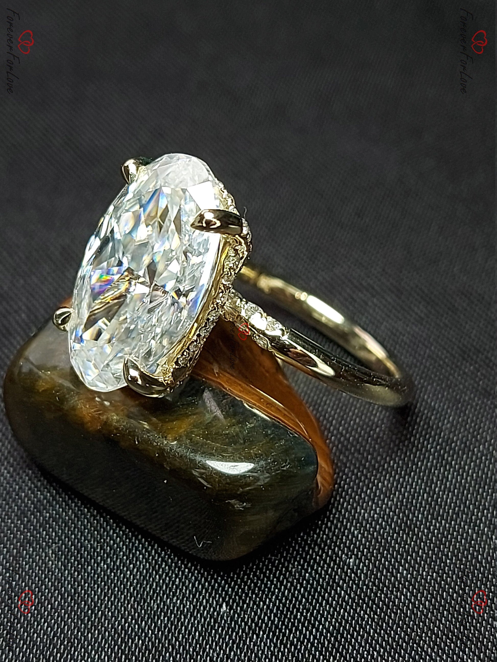 7 Ct Oval Diamond, Moissanite Hidden Halo Engagement Ring